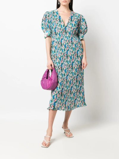 Shop Ganni Floral-print Pleated Georgette Midi Dress In Blau