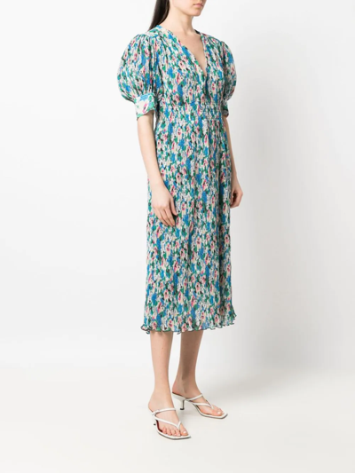 Shop Ganni Floral-print Pleated Georgette Midi Dress In Blau