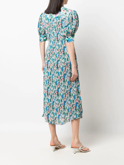 Shop Ganni Floral-print Pleated Georgette Midi Dress In Blau