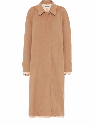 Shop Miu Miu Single-breasted Velour Camel-hair Coat In Braun