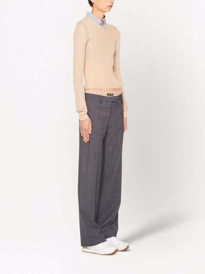 Miu Miu Prince Of Wales Wide Leg Wool Trousers With Elastic Waistband In Grau