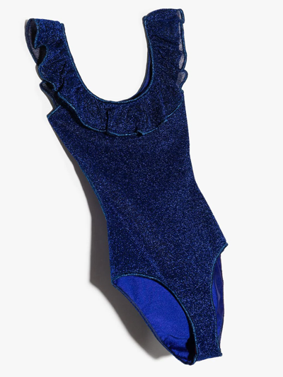 Shop Oseree Metallic-effect Ruffled Swimsuit In Blue