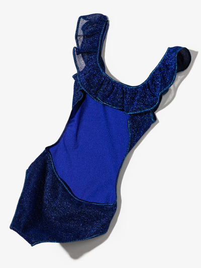 Shop Oseree Metallic-effect Ruffled Swimsuit In Blue