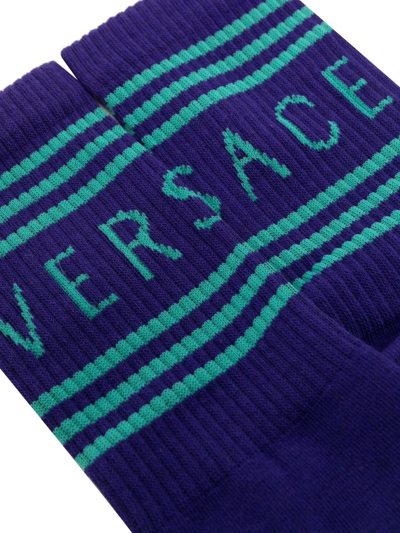 Shop Versace Intarsia-knit Logo Ankle Socks In Purple