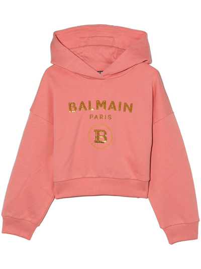 Shop Balmain Sequin-logo Cropped Hoodie In Rosa