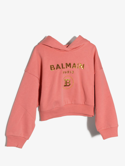 Shop Balmain Sequin-logo Cropped Hoodie In Rosa