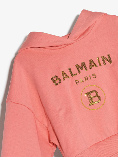 Shop Balmain Sequin-logo Cropped Hoodie In Rosa