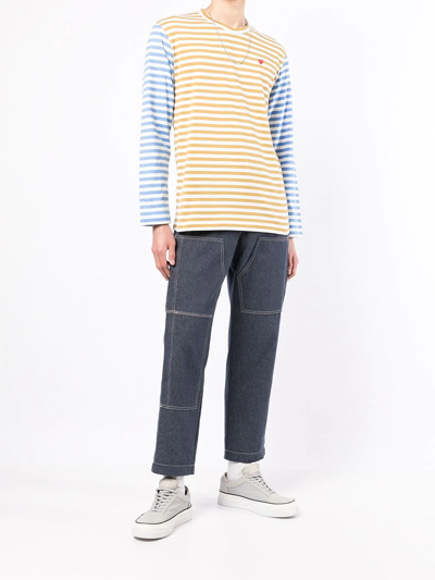 Comme Des Garçons Play Small Heart Stripe Colorblock Long Sleeve T-shirt In Blau