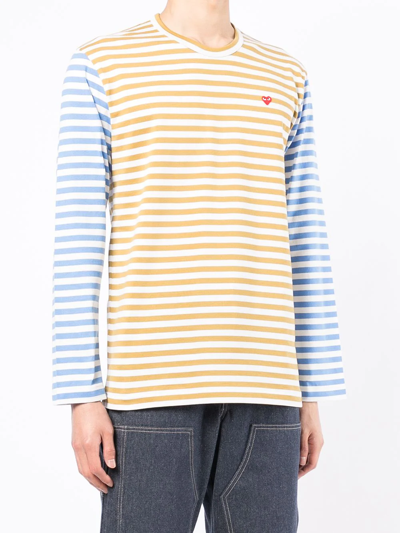Comme Des Garçons Play Small Heart Stripe Colorblock Long Sleeve T-shirt In Blau