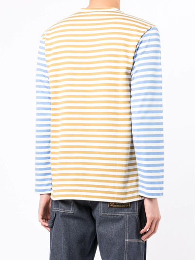 Comme Des Garçons Play Small Heart Stripe Colorblock Long Sleeve T-shirt In Blau