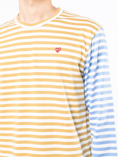Comme Des Garçons Play Small Heart Stripe Colorblock Long Sleeve T-shirt In Blau