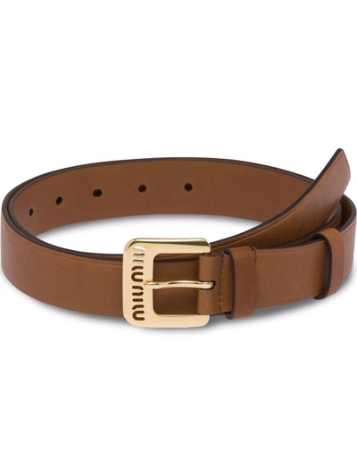 Shop Miu Miu Cut-out Logo Leather Belt In Braun