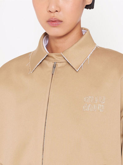 Miu Miu Beige Logo-embroidery Bomber Jacket In Neutrals