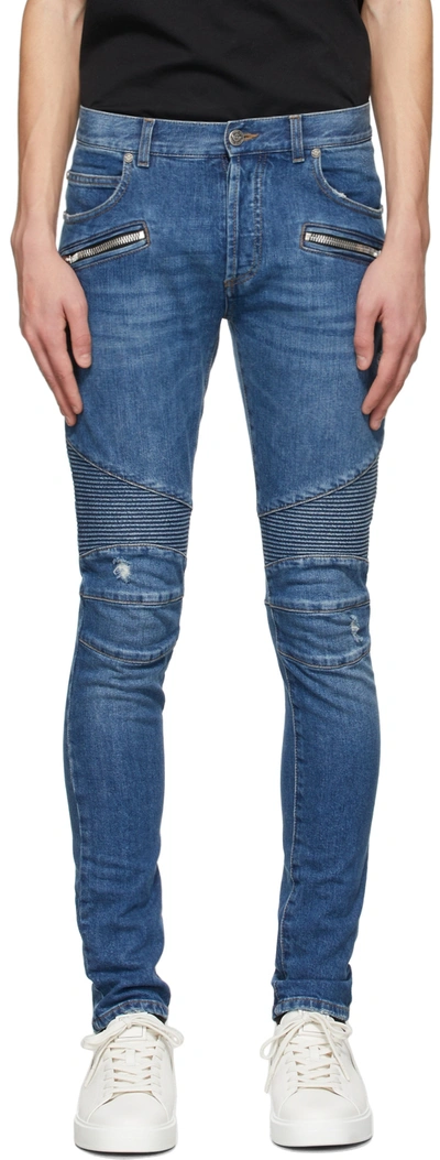 Shop Balmain Blue Ribbed Jeans In 6ff Bleu Jean