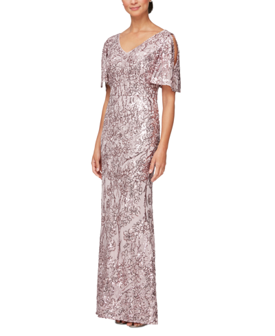 Shop Alex Evenings Petite Sequinned Cold-shoulder Gown In Blush Pink