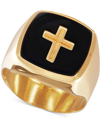 Shop Macy's Men's Onyx Cross Signet Ring In 10k Gold