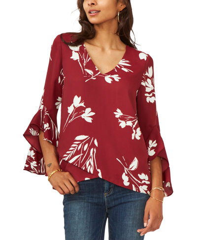 Shop Vince Camuto Flutter Sleeve Floral V-neck Tunic In Classic Navy