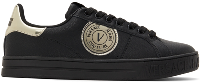 Shop Versace Jeans Couture Black 88 V-emblem Court Sneakers In Eg89 Black/gold