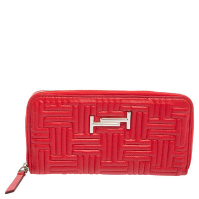 Pre-owned Tod's Red Leather Double T Zip Around Continental Wallet