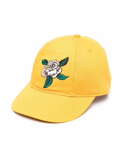 Shop Mini Rodini Rose-embroidered Organic-cotton Cap In Yellow