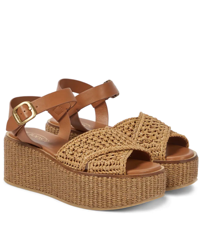 Shop Tod's Raffia And Leather Platform Sandals In 0