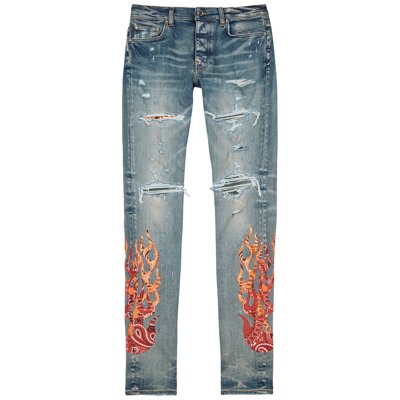 Shop Amiri Bandana Flame Distressed Skinny Jeans In Denim