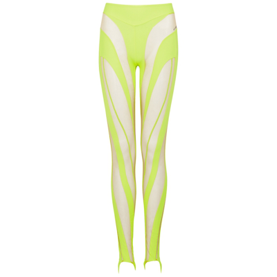 Shop Mugler Spiral Neon Yellow Panelled Stirrup Leggings