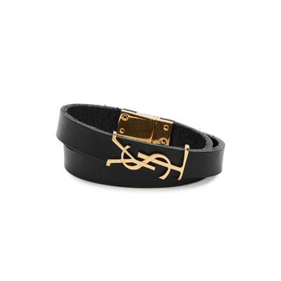 Shop Saint Laurent Opyum Black Logo Leather Wrap Bracelet