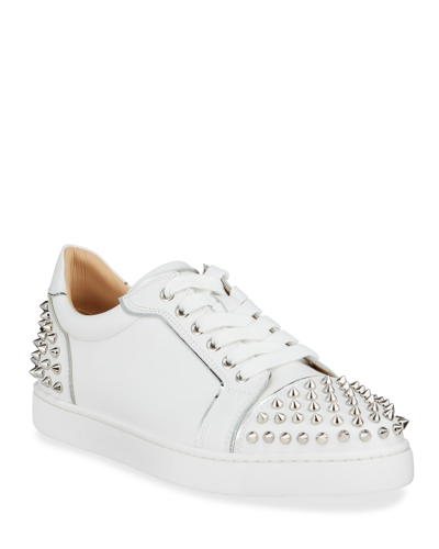 Shop Christian Louboutin Viera 2 Spikes Leather Low-top Sneakers In Bianco/silver