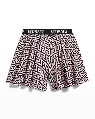Shop Versace Girl's La Greca Logo-waist Shorts, 8-14 In Candy Black
