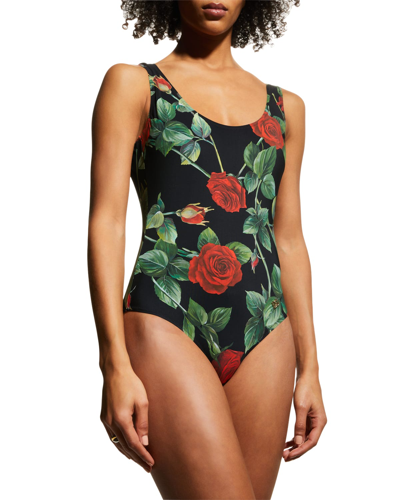 Shop Dolce & Gabbana Rose-print Wireless One-piece Swimsuit In Rose Fdo Nero