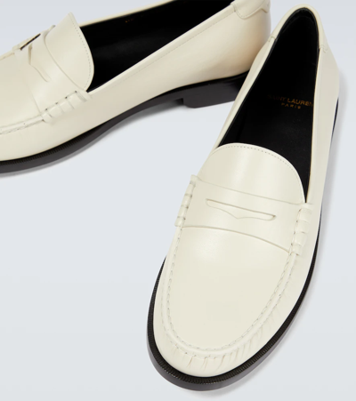 Saint Laurent Off-white Monogram Penny Loafers In Pearl