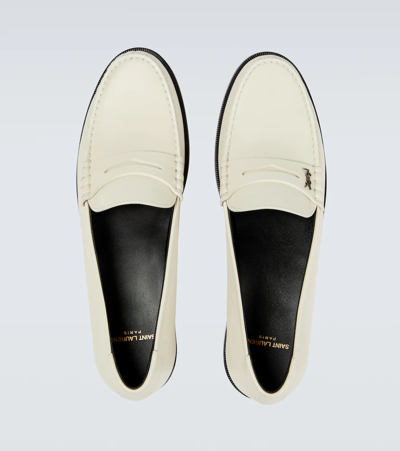 Saint Laurent Off-white Monogram Penny Loafers In Pearl