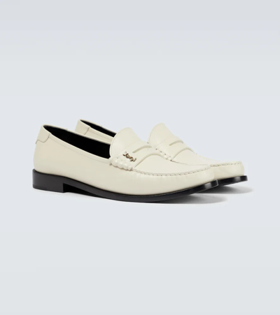 Saint Laurent Off-white Monogram Penny Loafers In Pearl