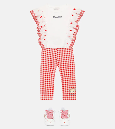 Shop Monnalisa Gingham Cotton-blend Leggings In Panna+rosso