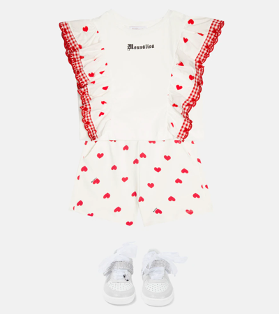 Monnalisa Jogging Shorts With All-over Hearts In Panna+rosso