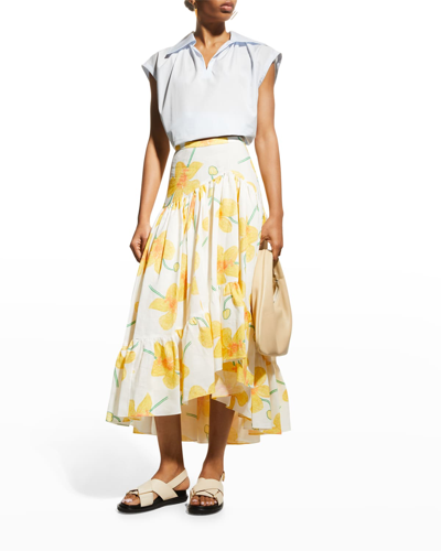 Shop Marni Floral Scribble-print Asymmetric Tiered Maxi Skirt In Yellow