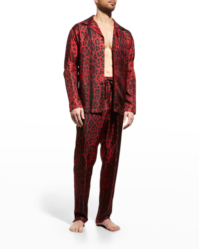 Shop Dolce & Gabbana Men's Silk Leopard-print Jogging Pants In Leo Red