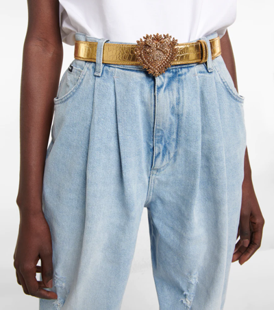Shop Dolce & Gabbana Devotion Croc-effect Leather Belt In Oro