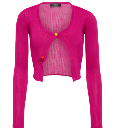 Shop Versace Safety Pin Cropped Cardigan In Fuxia