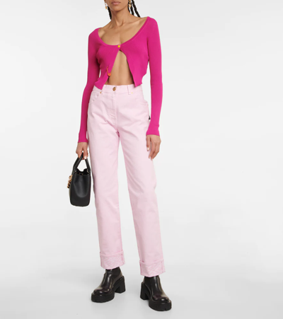 Shop Versace Safety Pin Cropped Cardigan In Fuxia