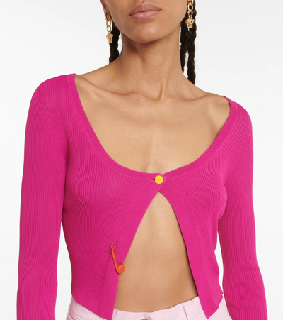Shop Versace Safety Pin Cropped Cardigan In Fuxia