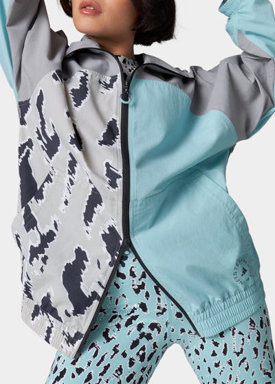 Shop Adidas By Stella Mccartney Woven Colorblock Animal-print Track Top In Splashbligrnwhite