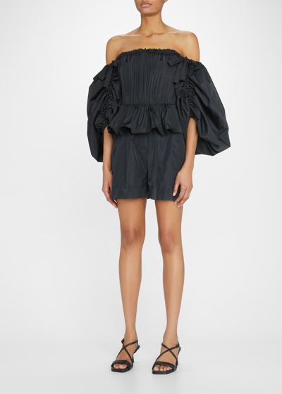 Shop Jason Wu Collection Off-the-shoulder Taffeta Oversized-sleeve Top In Black