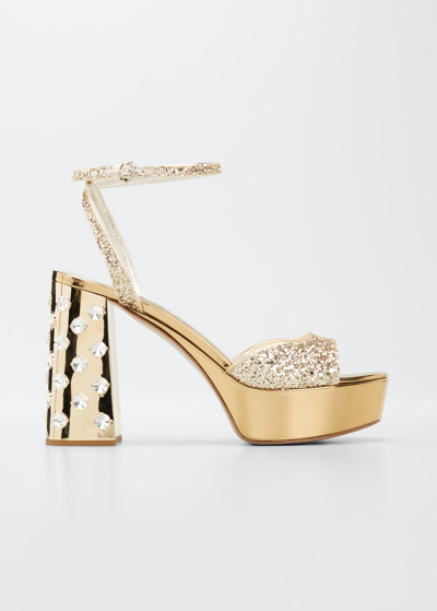 Shop Miu Miu Metallic Glitter Ankle-strap Platform Sandals In Pirite