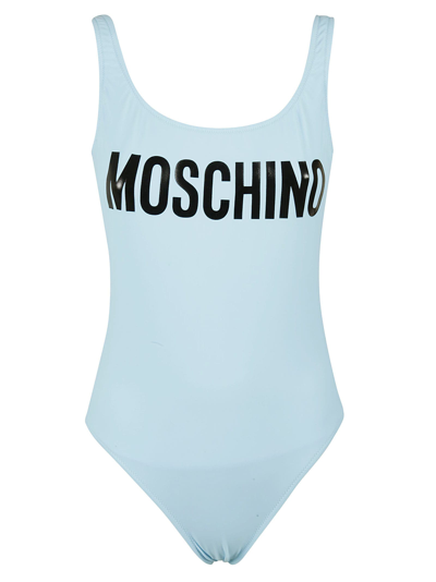 Shop Moschino Logo Print Swimsuit In Sky Blue