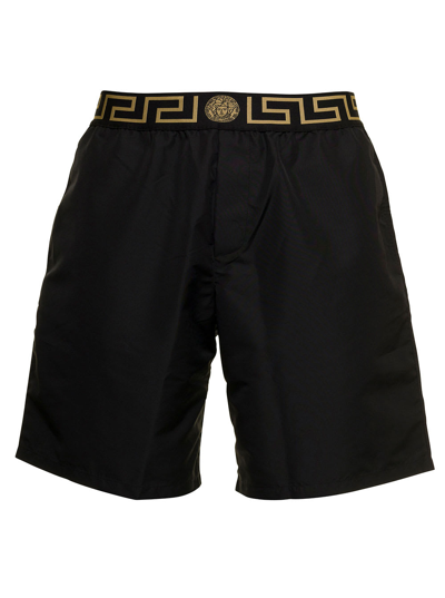 Shop Versace Mans Black Nylon Beach Bermuda Shorts With  Logo
