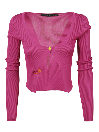 Shop Versace Ribbed Cropped Cardigan In Fuchsia