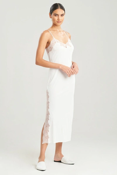 Shop Natori Enchant Lace Slit Gown Dress In Ivory/shell Pink