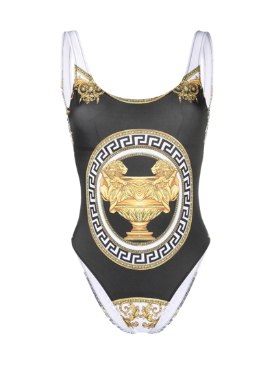 Shop Versace One Piece Swimsuit With Greek Key Print In White